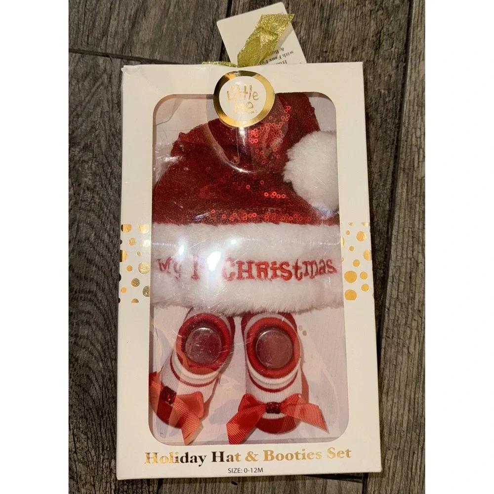 New LITTLE ME Baby 1st Christmas Holiday Sequin Santa HAT & BOOTIES‎ Set 0-12M